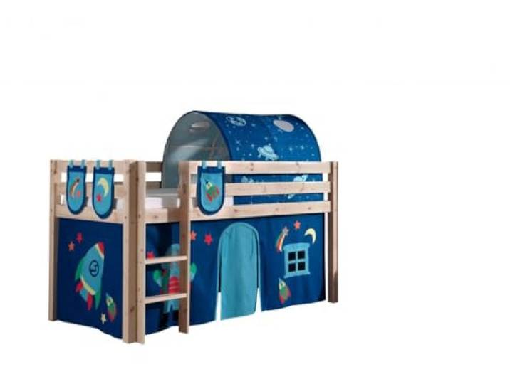 Spielbett Pino mit Textilset Vorhang, Tunnel und 3 Taschen Astro , Kiefer Massiv Natur