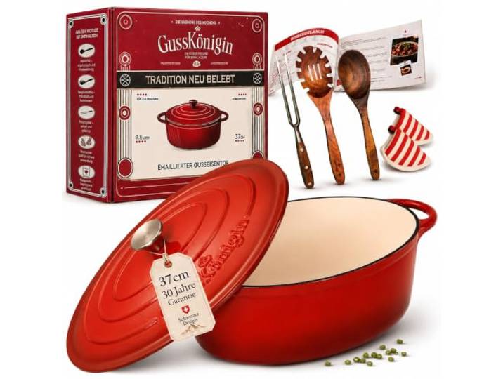GUSSKÖNIGIN Gusseisen Topf Oval 37 cm, Bräter mit Deckel, Dutch Oven 9,8 L Emailliertes Gusseisen, Ovaler Bräter mit Deckel, Dutch Oven für Induktion, Brot backen, Zubehör und Rezeptbuch inklusive