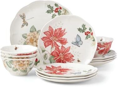 Lenox Butterfly Meadow Holiday 12-Piece Dinnerware Set Red & Green