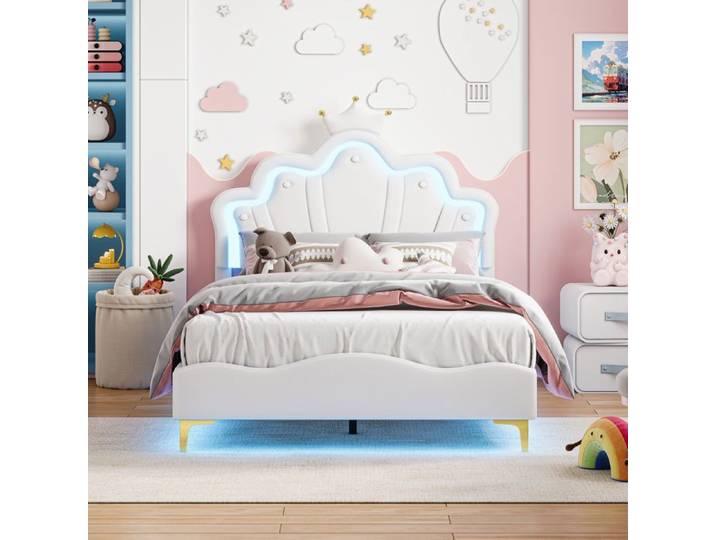 Structure de lit - 140x190 cm - RWUDV - lit 140x190 - LED - tête de lit réglable - cadre de lit 140x190 -sommier-lit double-PU blanc