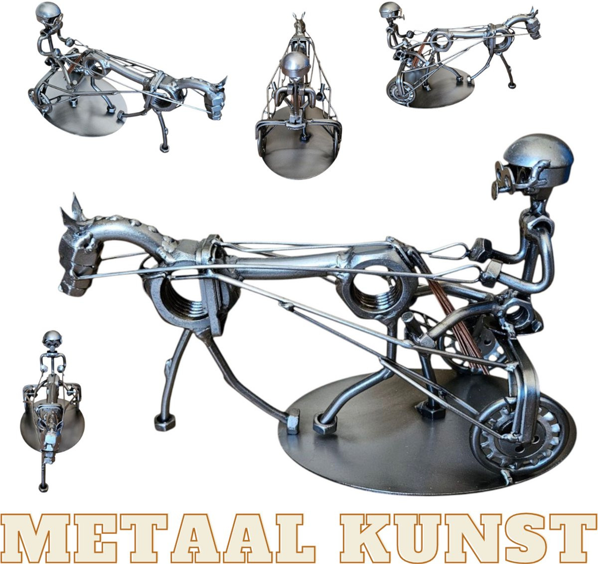 Uniek metalen beeld van een paard met sulky voor decoratie