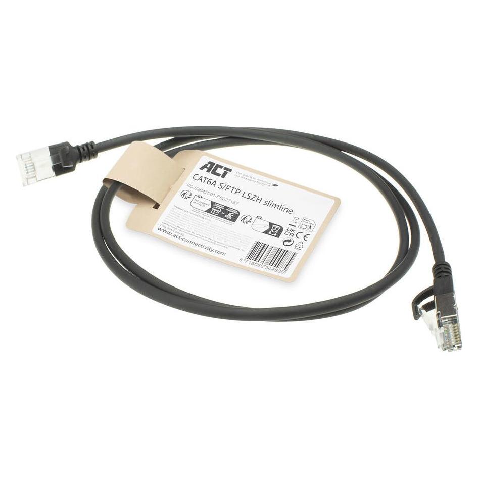 ACT Black 1 meter LSZH S/FTP CAT6A slimline patch cable snagless with RJ45 connectors (S/FTP, CAT6a, 1 m) (DB7901)