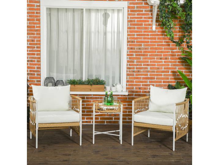 Outsunny Ensemble de bistrot de 3 pièces Ensemble de meubles de jardin, Rotin en PE, 72 cm x 66 cm x 64 cm, Jaune+Blanc Crème