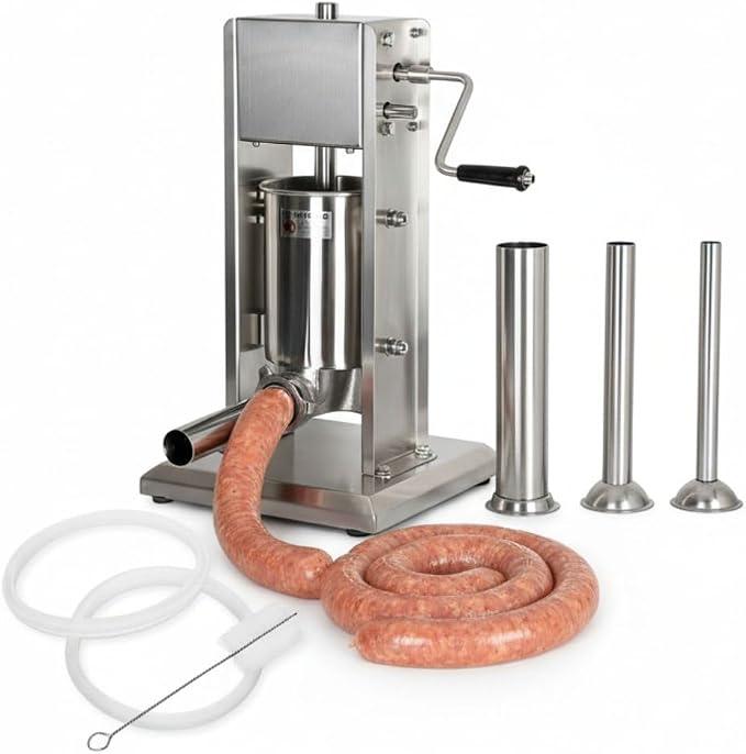 Wurstfüller 7 Liter Edelstahl | Manuelle Wurstmaschine vertikal mit 4 Füllrohren 16-38 mm | 2-Gang Getriebe, ergonomische Handkurbel | Wurstpresse für Bratwurst usw. | inkl. Zubehör