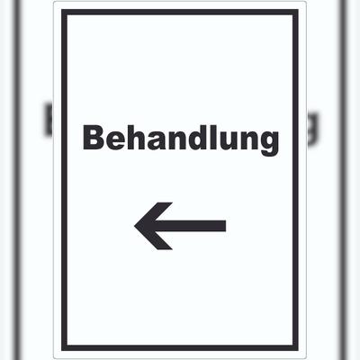HB-Druck Behandlung Aufkleber mit Text und Richtungspfeil links Behandlungsraum hochkant A6 (105x148mm)
