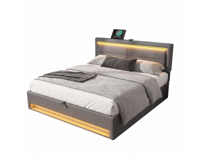 Evryae Polsterbett 140/190 mit Usb, LED und Stauraum für kabelloses und kabelgebundenes Laden in Grau, 140x190 cm, Schlafzimmer, Betten, Polsterbetten