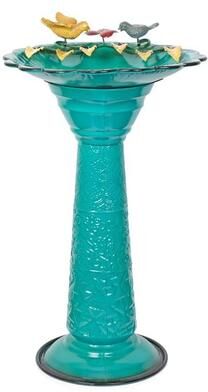 Alpine Corporation ORS112GN Vintage Metal Pedestal Birdbath with Stand, Shallow Bird Bath Bowl for Outside, 28""H, Green"