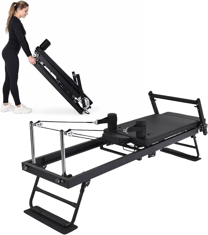 Pilates Reformer Faltbar, Heimtrainer Mit 3X 20kg Federn + 2X 7.5kg Seilen | 11 Widerstandsstufen, Maximalbelastung 136 Kg, Kompakte Pilates Ausrüstung Für Anfänger & Fortgeschrittene