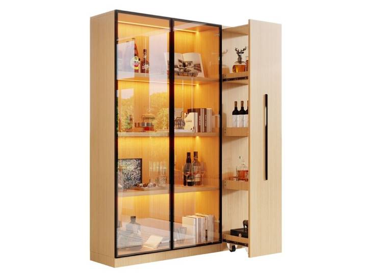 Vitrine en Verre avec LED Armoire Multifonction avec Porte en Verre et Tiroir Latéral Armoire à Roulettes Armoire Haute Moderne