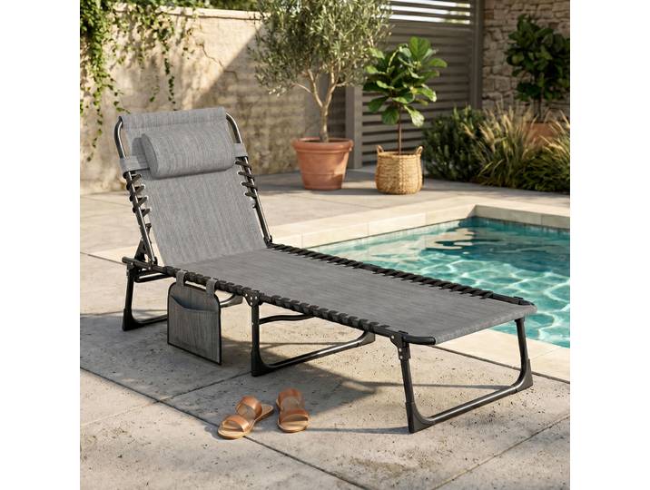 Outsunny Chaise Longue Pliable Gris Dossier Inclinable 5 Niveaux