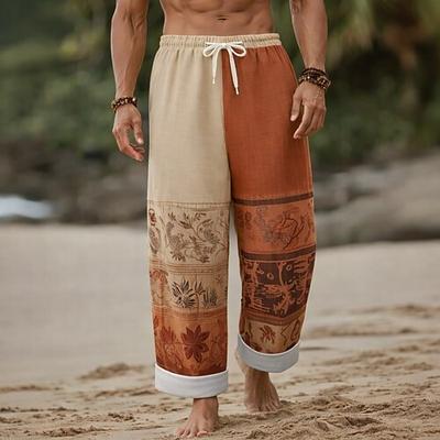 Herren Blumendruck Ethnisch Farbblockierung Hose Baggy-Hosen Freizeithose Mittlere Taille Boho Vintage-Retro Heim Outdoor Urlaub Elastischer Kordelzug in der Taille Leinenähnliche Hose mit Taschen