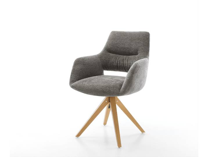 Drehstuhl Yago-Flex mit Armlehnen Bouclé Soft Schlamm Holzgestell kantig Natur 360° drehbar Taschenfederkern, Esszimmerstühle