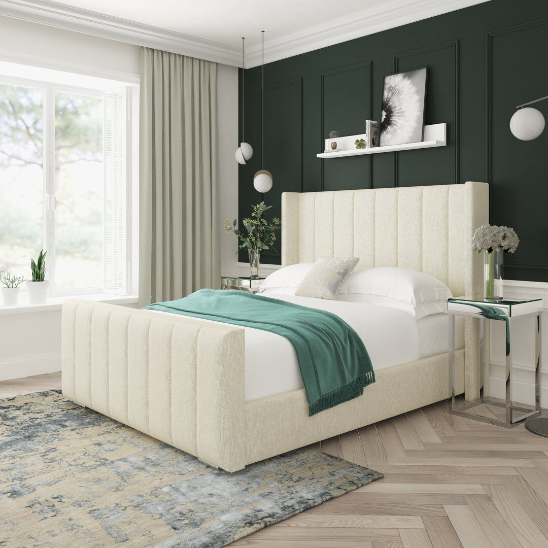 Lark Manor Willow Chenille Upholstered Bed Frame Cream Kingsize (5')