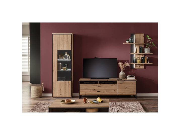 TV-Lowboard Front: MDF Mitteldichte Holzfaserplatte , beschichtet Korpus: Spanplatte, beschichtet Absetzung, Griffe & Gestell: Aluminium,