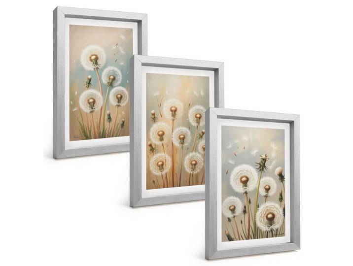 BILDER SET 3er Set - 20x30 cm Silberner Rahmen - Pastellfarbene Löwenzahnblüten