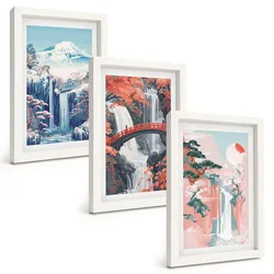 BILDER SET 3er Set - 20x30 cm Weißer Rahmen - Wasserfälle, Berge, Brücken, Bäume
