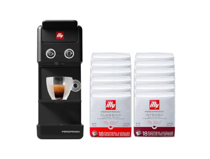 illy Y3.3 Hyperespresso-Kaffeemaschine in Schwarz mit 216 Kapseln Hyperespresso (108 Kapseln Hyperespesso Classic und 108 Kapseln Hyperespesso INTENSO)