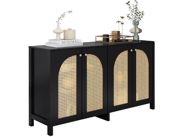 SeedWave Sideboard Moderne Aufbewahrungsschrank Kommode mit 4 Luftigen Kunst-Rattantüren, 6×Staufächer mit 4 verstellbaren Einlegeböden
