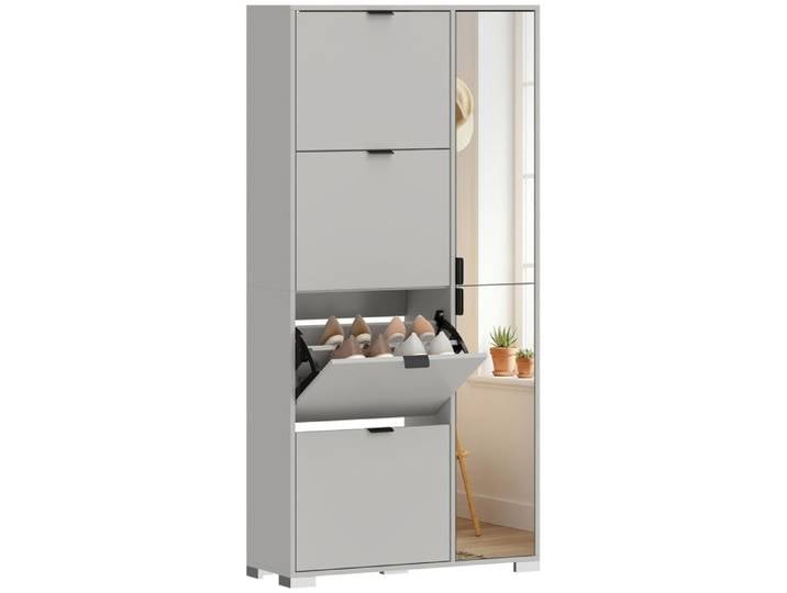 Meuble à chaussures gris avec miroir 4 tiroirs rabattables entrée MEUBLE A CASIER