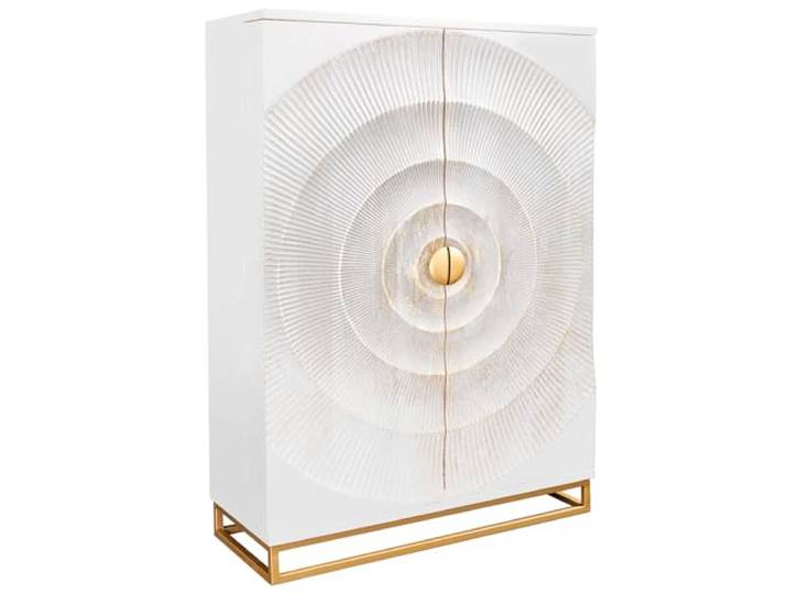 Barschrank GOLDEN SUNSET - 140cm - gold - Mangoholz handgefertigtes Unikat Montiert geliefert, praktischer Stauraum, Schubladen, stabiles Metallgestell, modernes Design