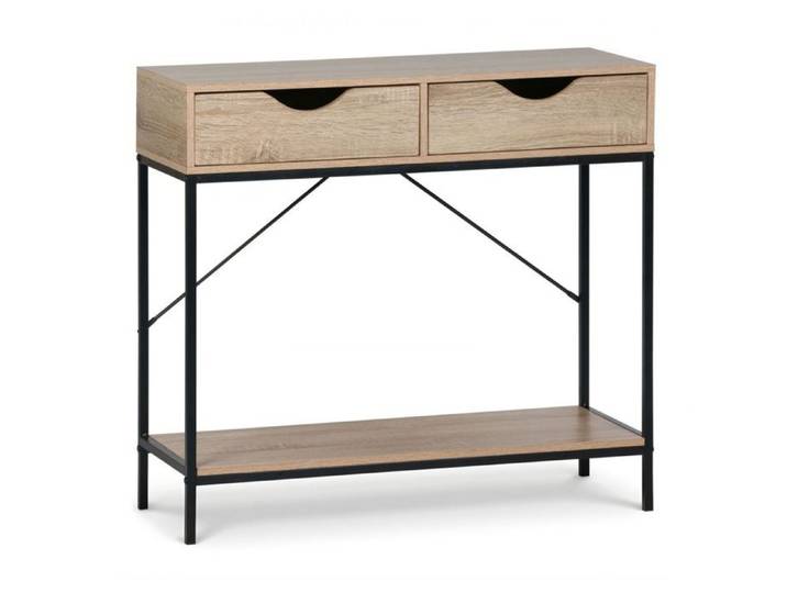 Table console d'entrée - JUANIO - 80x30x75 cm - 2 tiroirs - Structure métallique noire - Effet bois naturel