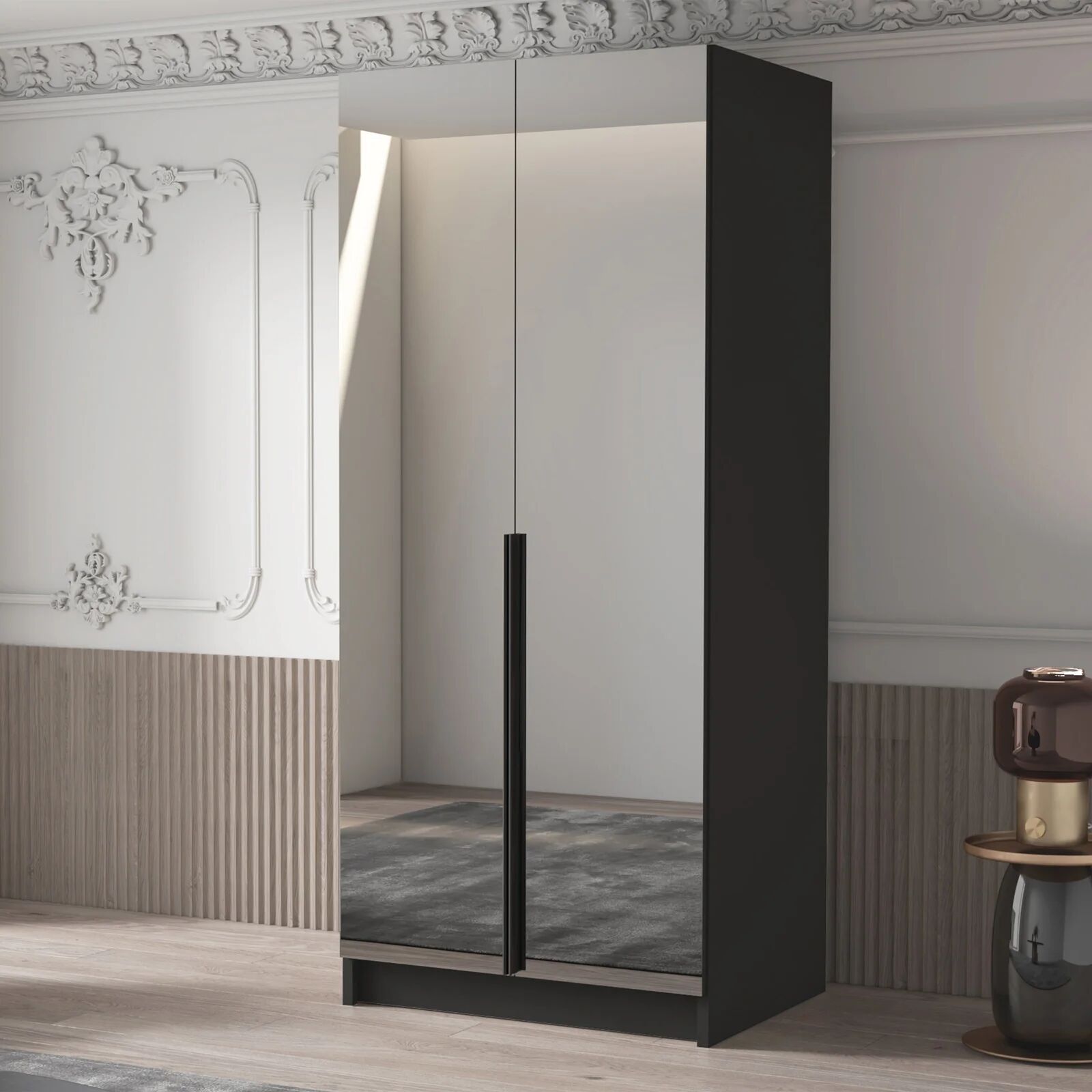 garneroarredamenti Armadio 100x215h cm 2 ante 2 specchi moderno nero Glammy 2