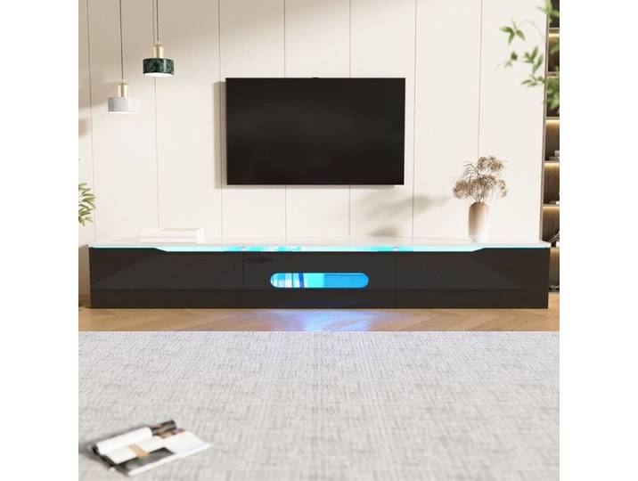 Meuble TV avec éclairage LED 180×35×30cm finition laquée brillante Meuble TV mural style minimaliste moderne noir et blanc.