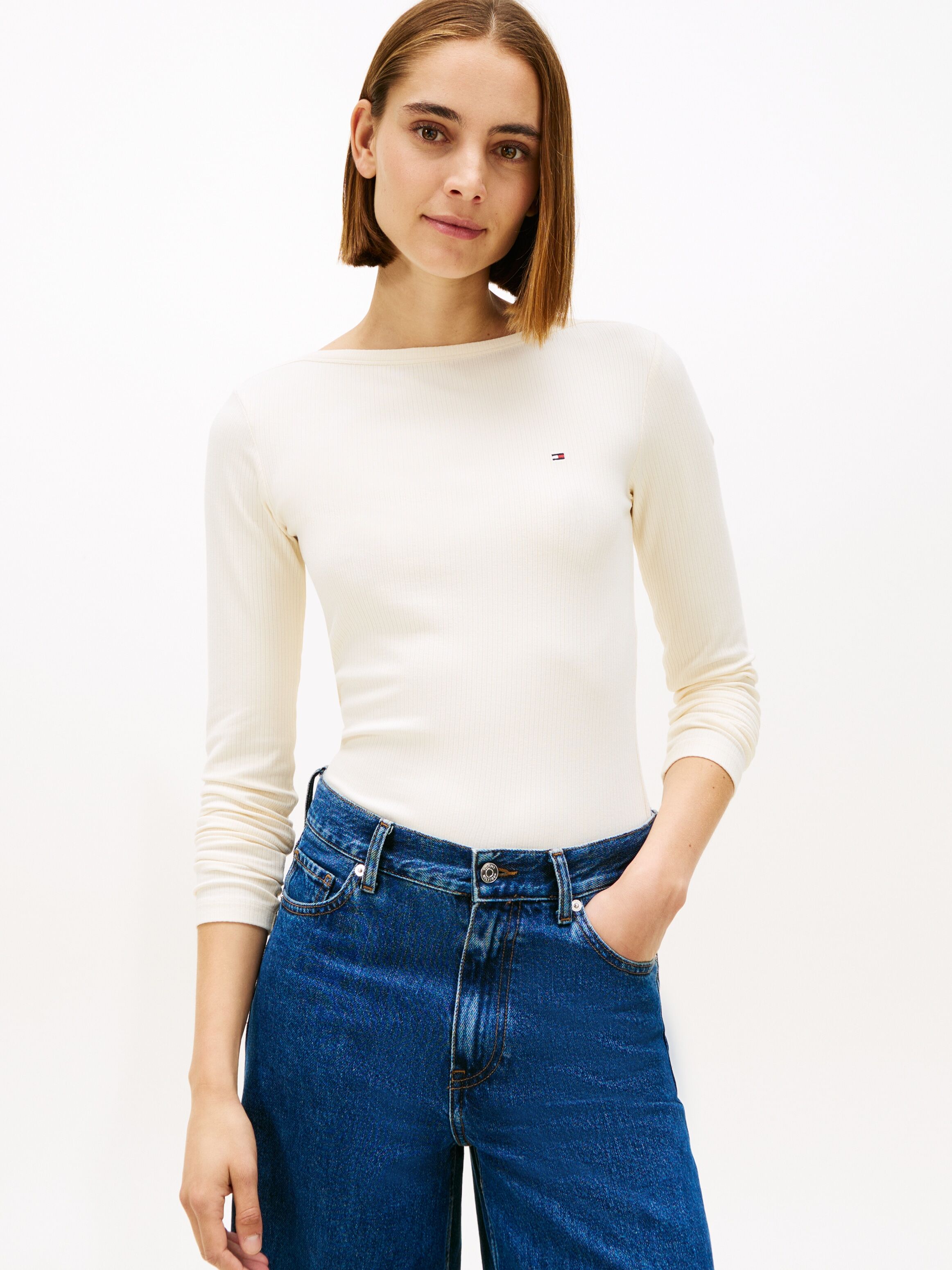 Langarmshirt TOMMY HILFIGER "SLIM 5X2 RIB BOAT-NK LS mit U-Boot Ausschnitt und Rippstruktur", Damen, Gr. XL (42), beige (calico), Single Jersey, Obermaterial: 95% Viskose, 5% Elasthan, unifarben, figurbetont normal, U-Boot-Ausschnitt, Shirts Langarmshirt,