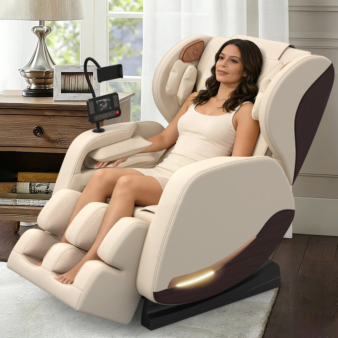 Metro Full-body Massage Chair, Zero-gravity Massage Chair with 10 Fixed Rollers, Comfortable and Soft Wood-grain Leather, Foot Massage, Multiple Airbags, Wa Beige 106.5cm H X 67.5cm W X 121cm D