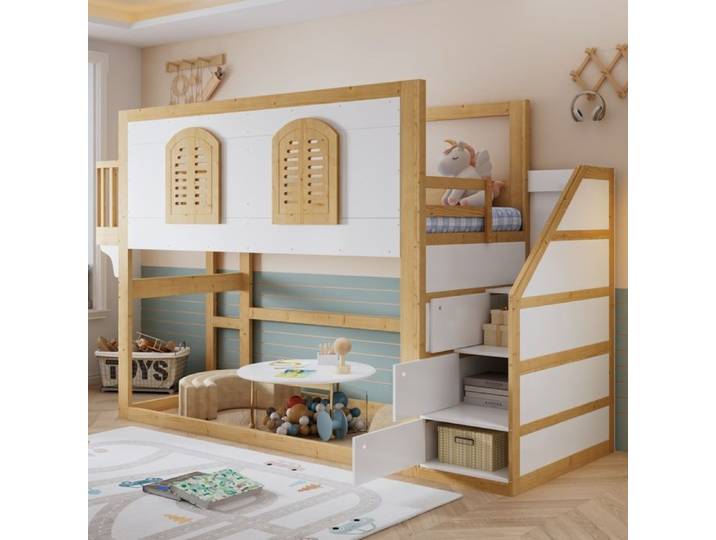 Luscriate - Lit mezzanine 90x200 cm lit enfant design maisonnette avec escalier de rangement et fenêtre - coloris bois