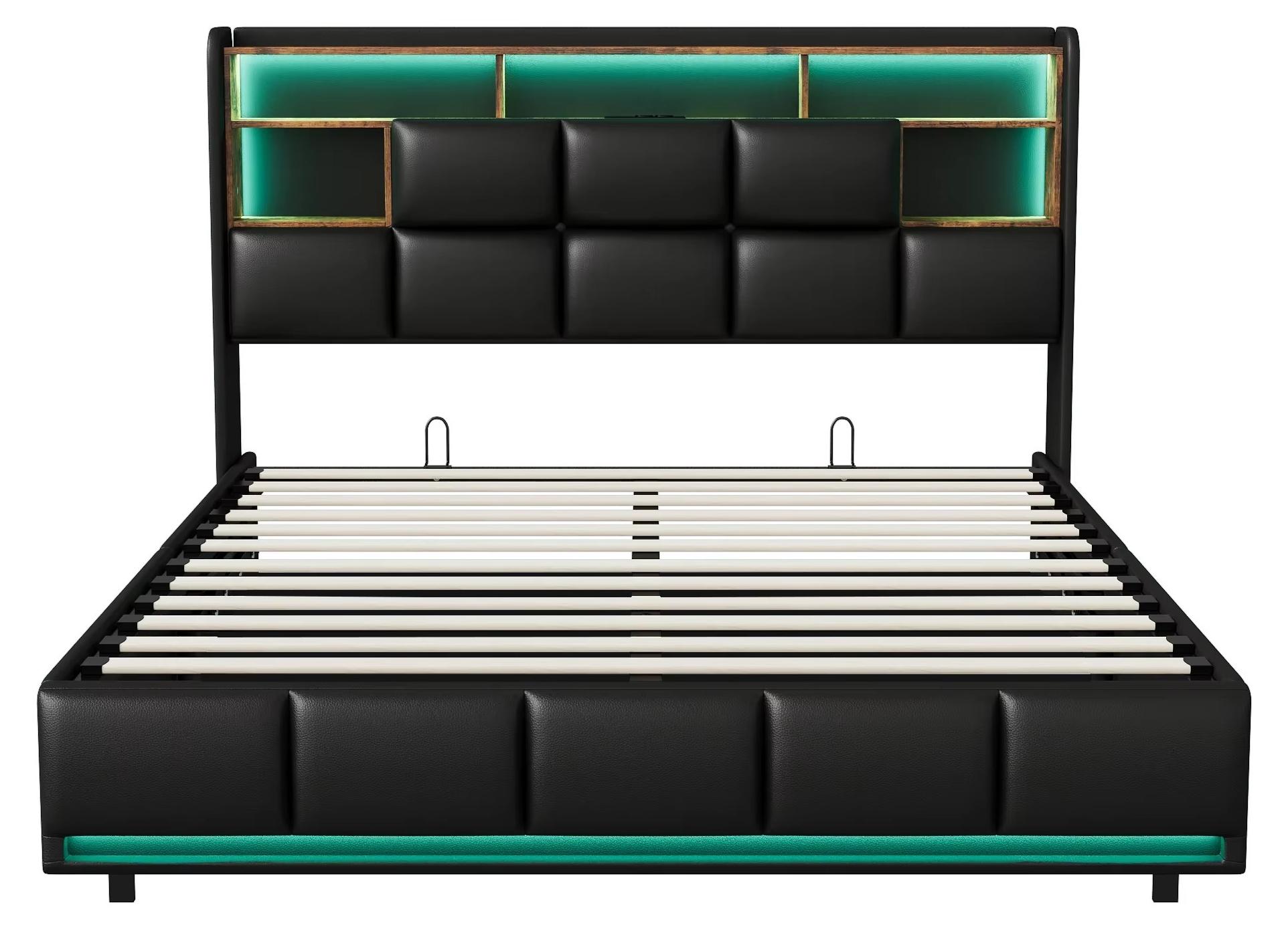 Polsterbett - 90 x 200 cm - Schwarzes PolyurethanKunstleder - LED-Beleuchtung - Stauraum - Lattenrost - Ohne Matratze