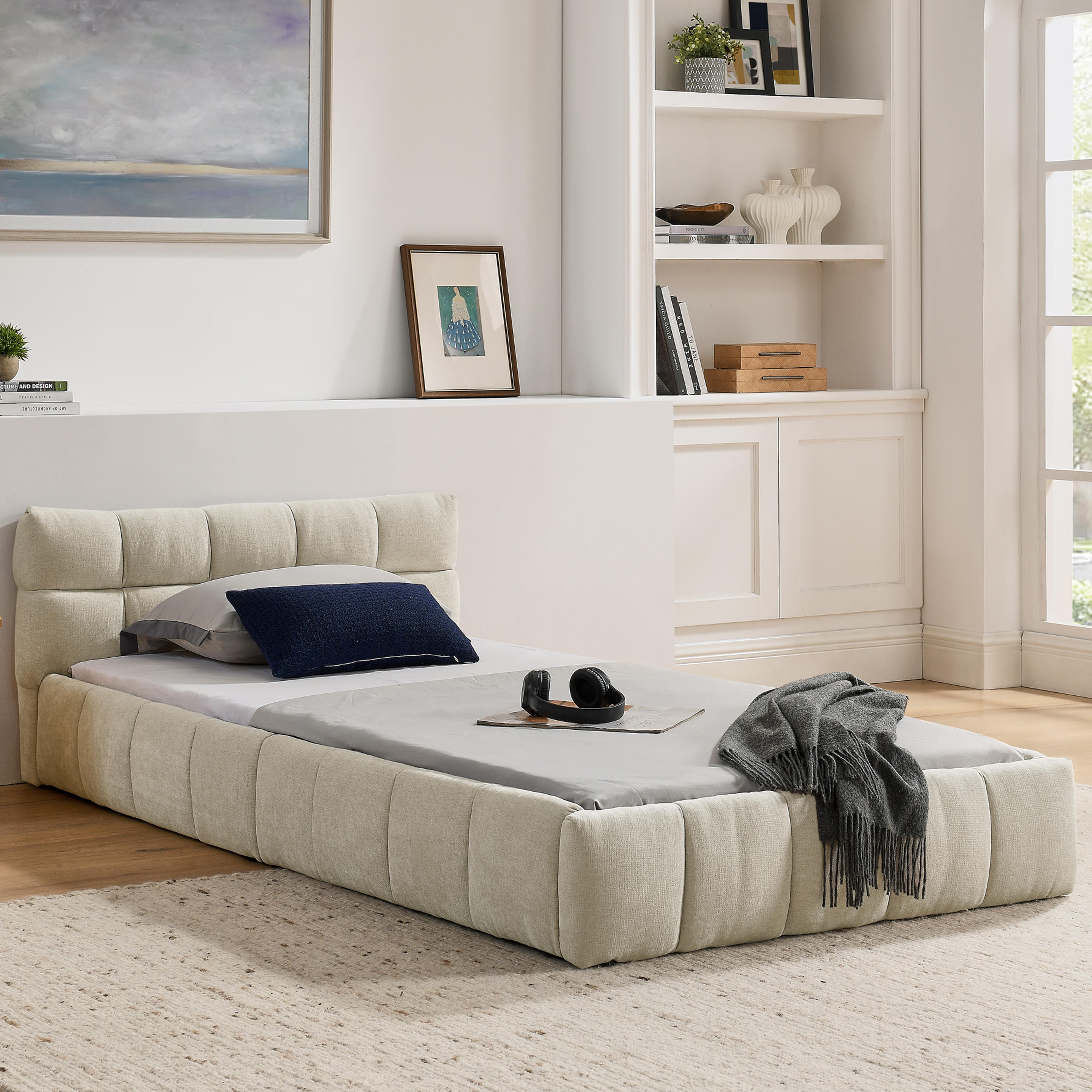 okwish Kinderbett 90x200 Einzelbett Bettgestell aus ökologischem Eukalyptusholz,Chenille-Polsterbett Jugendbett mit robustem Eisenrahmen,Beige (mit Matratze)