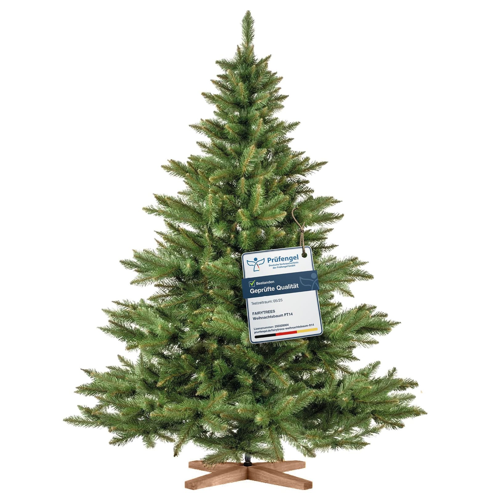 FairyTrees Kunstkerstboom Nordmann met realistische PVC-naalden en handgemaakte essenhouten standaard, 180 cm
