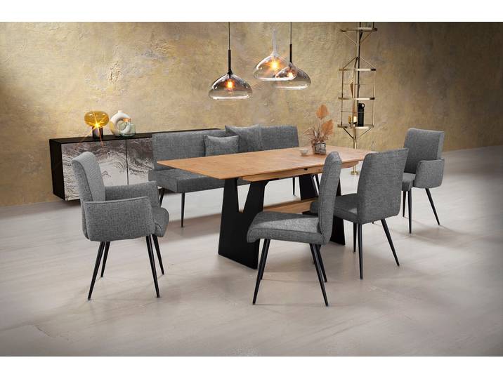 Essgruppe, Grau & Schwarz, Tisch 180-220x90 cm, Wildeiche Furnier & Metall, Ausziehbar, K+W-Polstermöbel