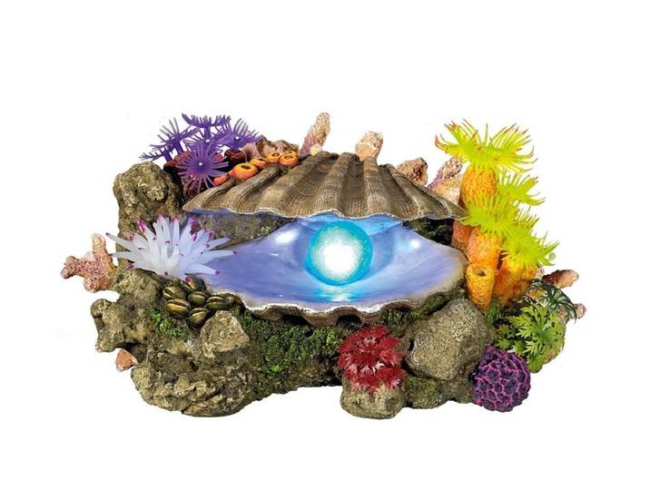 Aquariendeko NOBBY Muschel mit Pflanzen LED , bunt (mehrfarbig), B:14,7cm H:10,7cm T:21,3cm, Kunststoff, Kunstriffe, Aquariendeko