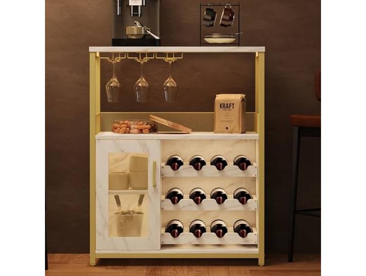 Garvee Weinschrank Weinregal Industrial Barschrank mit Verstellbarem Weinregal und Glashalter Getränkeaufbewahrung Weinbarschrank für Küche Esszimmer Wohnzimmer 70x35x92 cm Gold