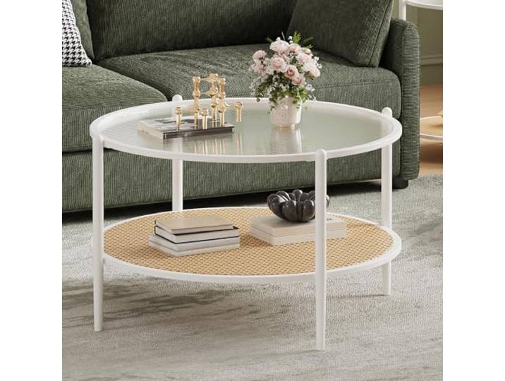 Garvee Beistelltisch Rund, 2-Stöckiger Kreis, Weiß ,78x78x48 cm Wasserwellen-Glas-Mitteltisch, Sofa Beistelltisch, Moderner Kleiner Kreis, Wohnzimmertisch Klein für Schlafzimmer, Büro
