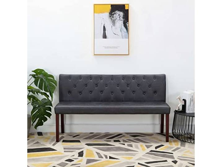 VIHHQGC Sitzbank mit Rückenlehne 148,5 cm Grau Wildleder-Optik Retro-Stil, Knopfmuster, Gummibeine, gepolstert, vielseitig nutzbar