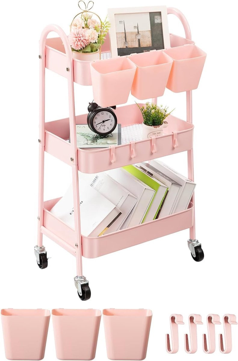 Roze metalen opbergkar met 3 niveaus, mobiele trolley met afsluitbare wielen, hangende bekers en haken voor keuken, badkamer of kantoor