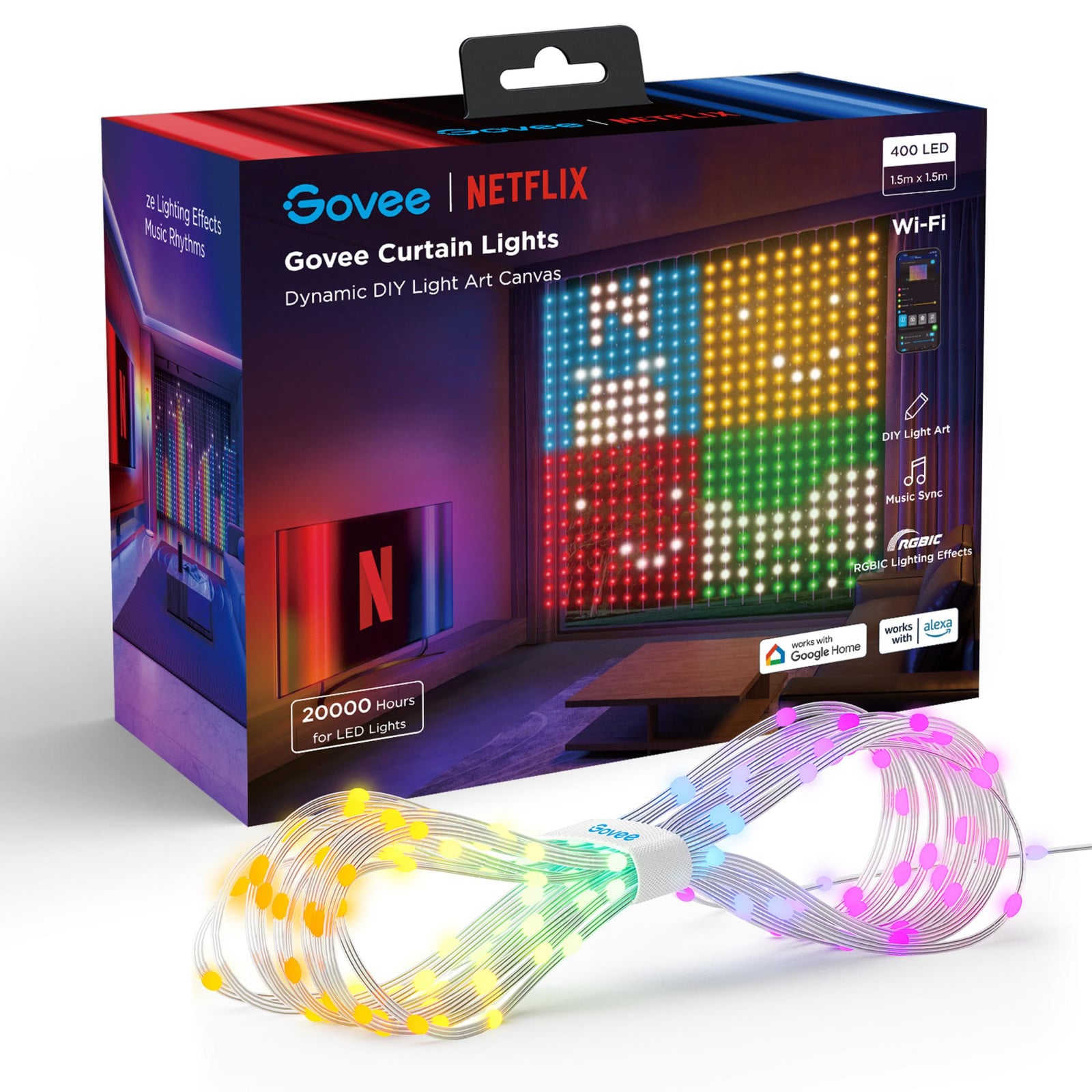 Govee RGBIC LED gordijnverlichting met Wi-Fi en Bluetooth, Multicolour