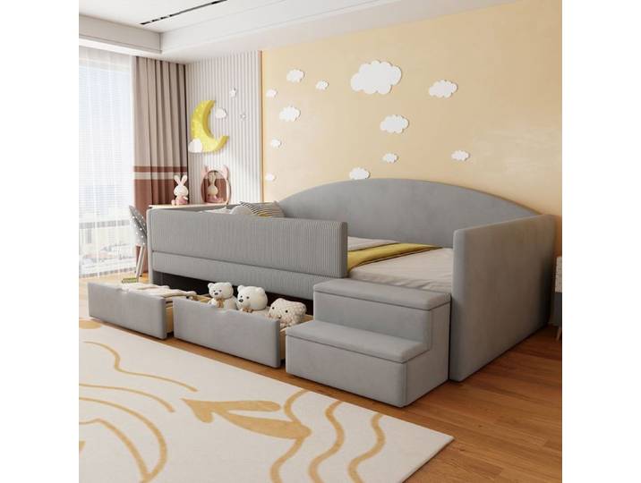 Lit rembourré enfant - WESTYLE - Canapé-lit 90x190 - 2 tiroirs - Escaliers antidérapants - Velours gris