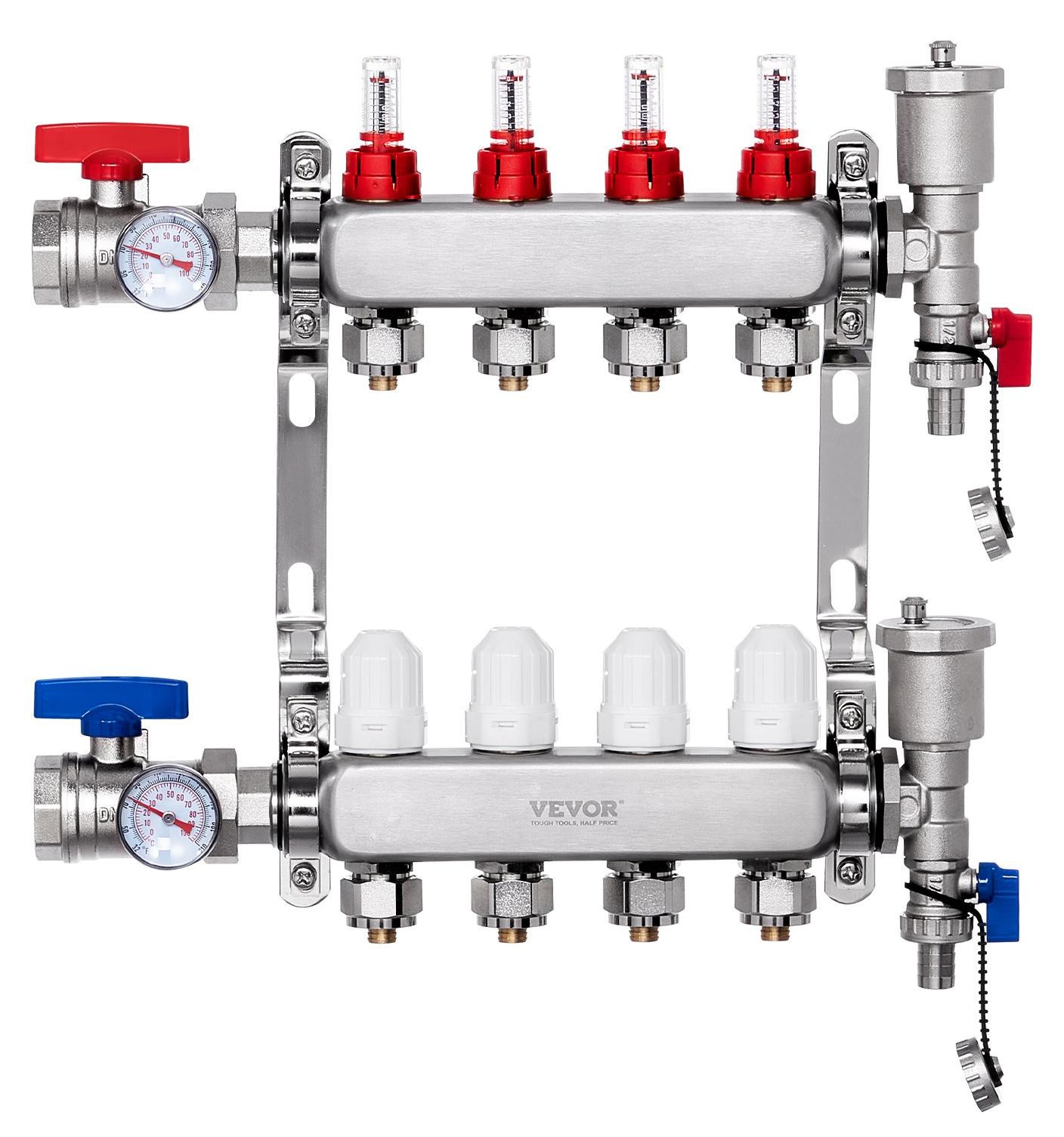 VEVOR 4-weg PEX-buisverdeler van roestvrij staal voor vloerverwarming, 1/2 inch, zilver
