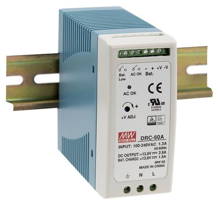 Mean Well DRC-60A voeding, 12–15 V / 2,8 A, batterijuitgang 1,5 A, DIN-montage