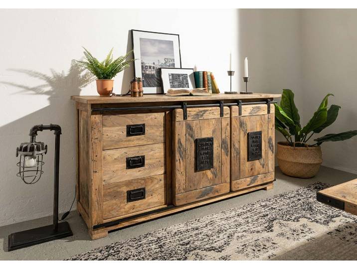 Sideboard Mango 150x45x80 natur lackiert RAILWAY, Industrial Style, Used-Look, Schiebetüren, Massivholz