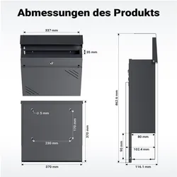 Wiltec, Briefkasten, Briefkasten Anthrazit V63 Postkasten Stahl Zeitungsfach Wandbriefkasten (37 x 10.20 x 37 cm)