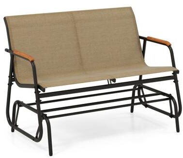 Costway Patio Glider Bench with Curved Teak Armrests and Breathable Fabric Seat for 2 People-Brown