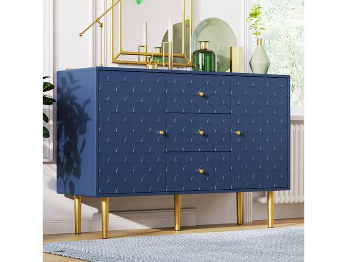 MODENUIT Commode 120x40x83 cm meuble de chambre avec 2 portes et 3 tiroirs étagères réglable design anti-basculement bleu