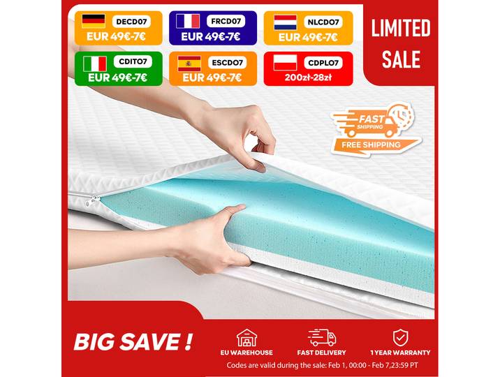Surmatelas avec dureté H2/H3, surmatelas en gel pour le confort et le soulagement de la pression, surmatelas de lit hauteur 7 cm, polyvalent