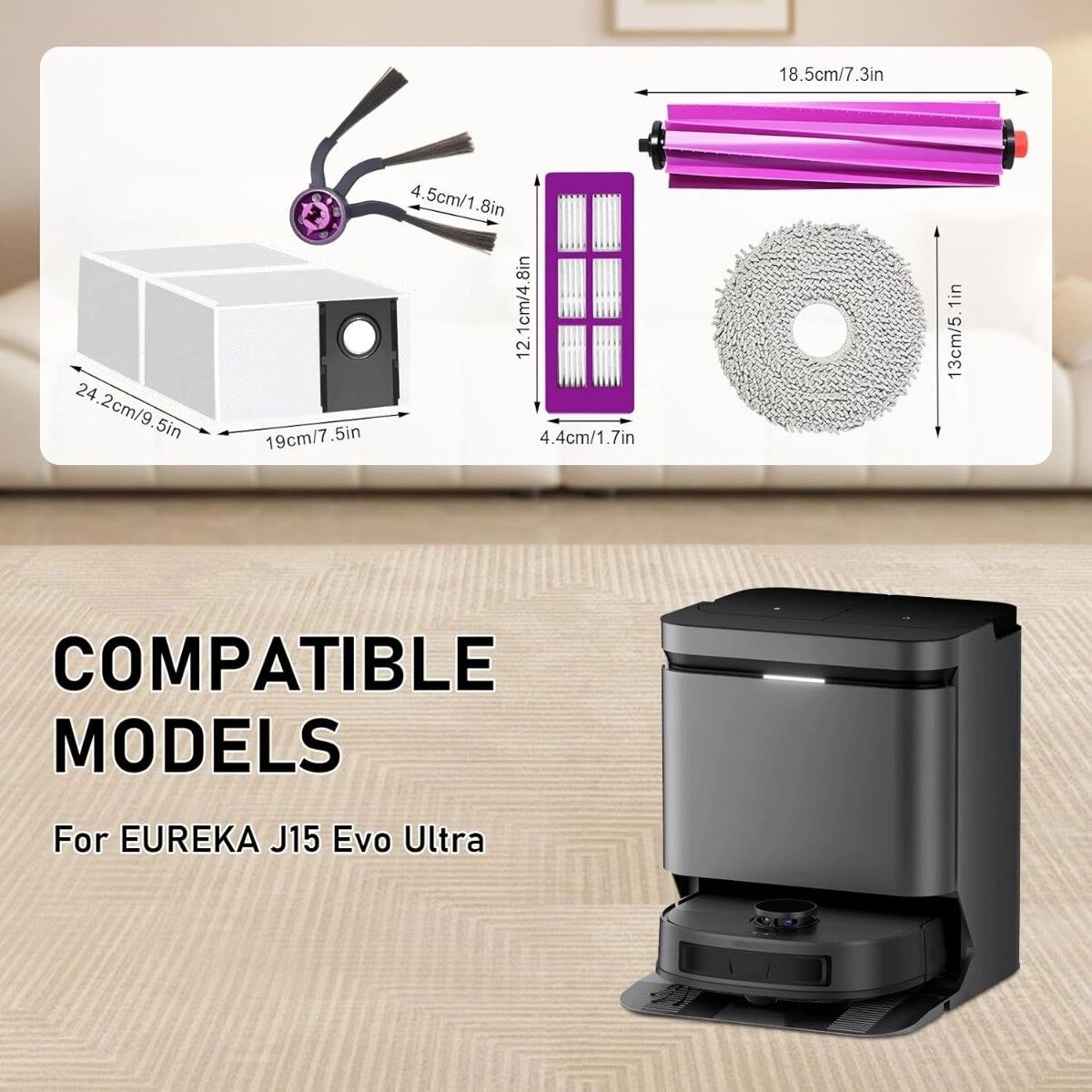 INF Ersatz-Zubehörset kompatibel mit Eureka J15 Evo Ultra — Komplettset mit Hauptbürste, Seitenbürsten, Filtern, Wischtüchern &