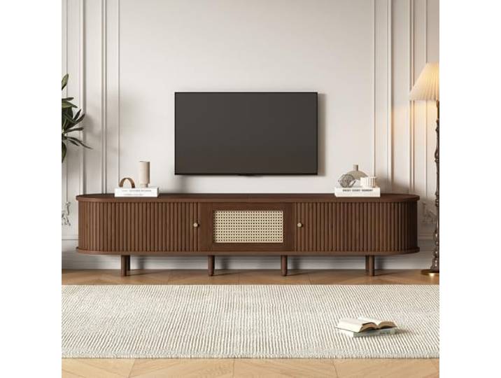 RAPRAP TV-Schrank Holz Dunkle Walnuss mit Rattan-Dekor, TV Lowboard 3D-Prägung & Goldgriffen, Fernsehschrank 180cm MDF, TV Unterschrank Höhenverstellbar,180cm c